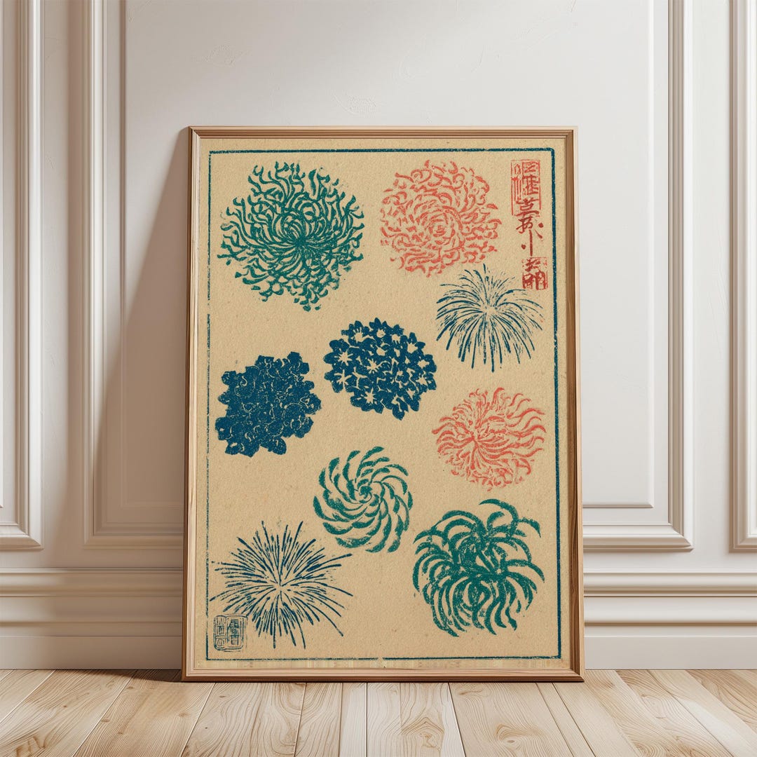 Japanese Firework Pattern Japanese Hanabi Poster | Teal Red Firework Art | Tan Matte Paper ...