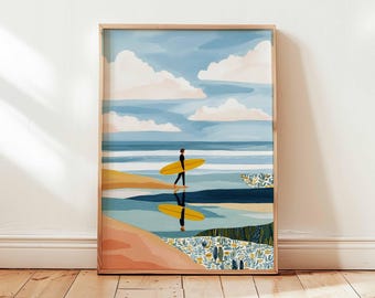 以下が含まれることがあります： 黄色いサーフボードを持ってビーチを歩くサーファーを描いた、額入りのアートプリント。青い水、水色の空、ふわふわの白い雲のある穏やかなビーチシーンが特徴です。アートワークは、明るい茶色の木製フレームに額装されています。