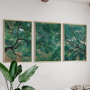 Posterset Japanse bosluifel | Drieluik groene boomtak natuur muurkunst