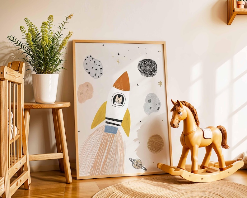 May include: A framed art print featuring a cartoon rocket ship with a cat in the cockpit, surrounded by planets and stars. A wooden rocking horse and a potted plant are in the foreground. The art print is in a light wood frame.