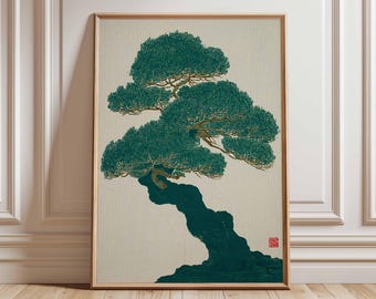 Japanese Bonsai Tree Poster, Minimalist Line Art, Zen Home Decor