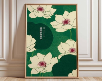 Lámina artística de flor de loto japonesa – Decoración botánica zen verde