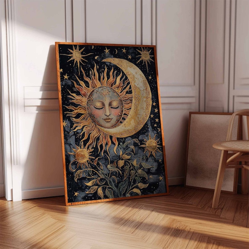 May include: A vintage-style illustration of a sun and moon with a celestial theme. The sun has a human face with closed eyes and is surrounded by golden rays. The moon is a crescent shape with a gold outline. The background is a dark blue with stars and floral elements.