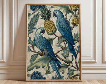 Tropical Parrot Art Print, Blue Botanical Wall Art, Exotic Bird Illustration, Vintage Jungle Poster, Elegant Nature Home Decor