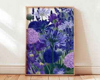 紫の花園ポスター、植物のすみれ色の花柄ウォールアートプリント