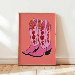 Pink Cowgirl Boots Poster, Western Wall Art Print, Retro Country Girl Decor, Floral Cowboy Boot Illustration for Bedroom or Studio