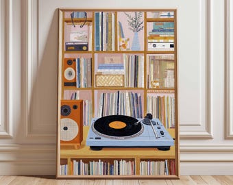 May include: A framed art print depicting a bookshelf filled with books and vinyl records. A light blue record player sits on a shelf, with a speaker to the left. The artwork has a warm color palette with pink and brown tones.