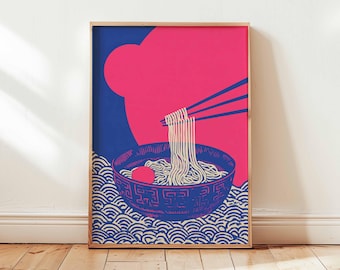 Japanese Ramen Print, Ukiyo-e Noodle Art, Pink Kitchen Decor