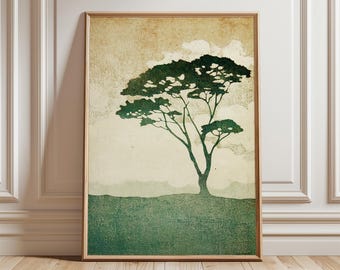 May include: Framed art print featuring a stylized green tree against a muted beige and green landscape. The tree's silhouette is detailed, with a textured appearance. The artwork is in a wooden frame, suitable for home decor.