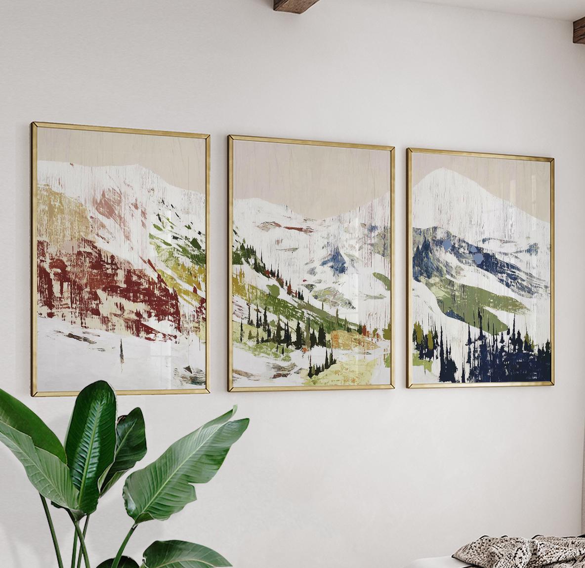 Alpine Valley Poster Set of 3 Abstract Brushstroke Style Wall Art