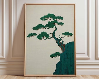 Può includere: Stampa artistica incorniciata raffigurante un albero verde stilizzato su una scogliera. L'opera d'arte ha un aspetto strutturato, con il fogliame e il tronco dell'albero resi in tonalità di verde e marrone su uno sfondo neutro. La cornice è di colore legno chiaro.
