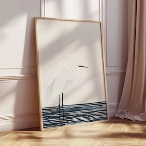 Snowy Egret Art Print, Minimalist Heron Art Print, Coastal Bird Poster, Modern Egret Wall Art, Nautical Wildlife Decor, Scandinavian Decor