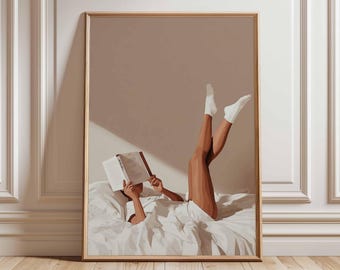 Cozy Bedroom Reading Wall Art Print | Minimalist Modern Poster | Relaxing Neutral Aesthetic Illustration for Bedroom Decor