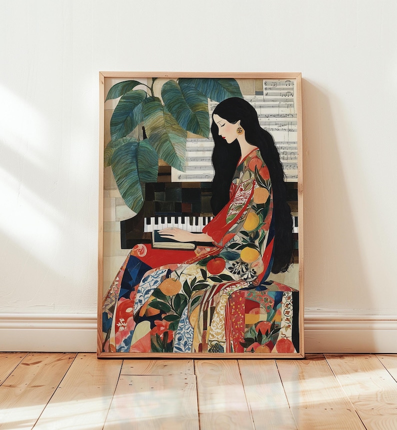 May include: A framed art print showing a person playing a piano. The person is wearing a patterned robe with oranges and leaves. A large green plant and sheet music are in the background. The artwork is in a wooden frame.