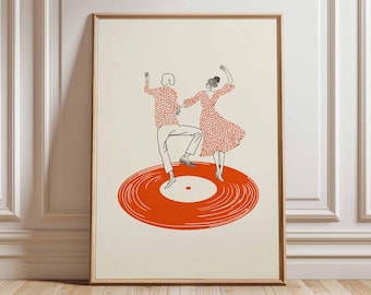 踊るカップルのウォールアートプリント、レトロなレコードプレーヤーのポスター、ホームバーやリビングルーム用のモダンミュージック風イラスト