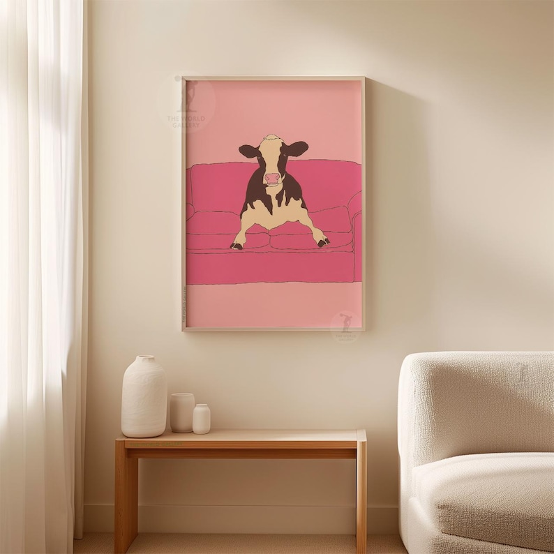 Pink Cow Poster | Minimalist Animal Illustration | Naive Line Art Wall Art image 7