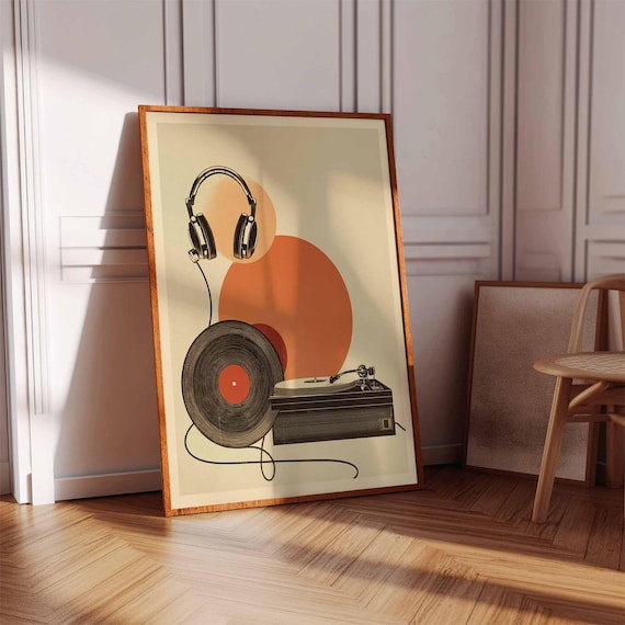 70s Music Poster, Retro Vinyl Record Player and Headphone Wall Art