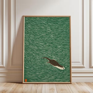 Otter Swimming Poster, Japanese-Style Minimal Wildlife Print