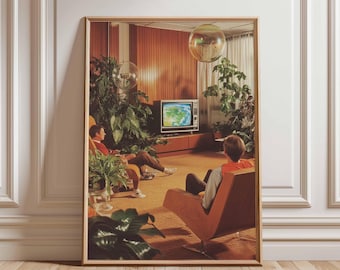 Stampa retrò di fantascienza per soggiorno, paesaggio cosmico anni '70.