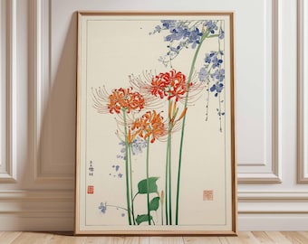 Arte mural de lirio araña japonés / Impresión botánica vintage / Póster floral asiático / Obra de arte tradicional japonesa / Decoración del hogar con flores rojas