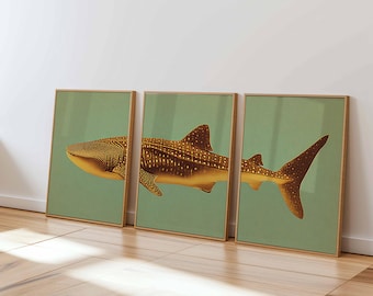 Conjunto de gravuras de tubarão-baleia, arte oceânica vintage em tons de azul-petróleo e dourado.