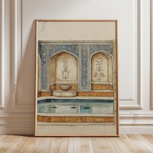 Interior de hammam vintage, piscina con arcos ornamentados, póster de azulejos mediterráneos