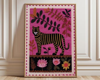 Lámina artística de tigre folclórico, póster de la vibrante jungla, arte mural estilo textil indio, ilustración animal llamativa, decoración boho inspirada en la naturaleza