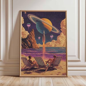 Póster retro de ciencia ficción, decoración cósmica surrealista de los años 70, póster espacial futurista, impresión de paisaje vintage, obra de arte espacial para dormitorio y sala de estar.