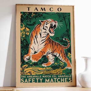 Impresión de tigre vintage, cartel de tigre indio, arte de caja de cerillas, impresión animal, cartel de animales, arte animal, decoración tropical, arte de la selva, impresión de tigre