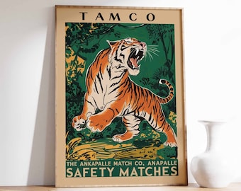 Impresión vintage de tigre, póster de tigre indio, arte de caja de cerillas, impresión de animal, póster de animales, arte animal, decoración tropical, arte de la selva, impresión de tigre