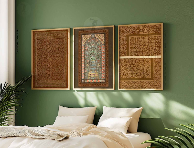 May include: Three framed prints with intricate geometric patterns in shades of brown and gold. The prints are hung on a green wall above a bed with white bedding.