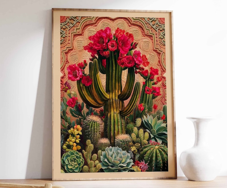 Vintage Mexican Cactus Poster, Colourful Mexican Art Prints, Mexican Decor, Traditional Mexican Art, Floral Decor, Latin Print, Mexican Gift image 1