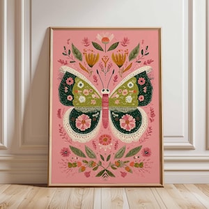 Lebendige Schmetterlingskunst Druck, Boho Botanisches Poster, Cottagecore Wandkunst, Rosa & Grüne Galeriewand, moderne Volkskunst, Naturliebhaber Geschenk
