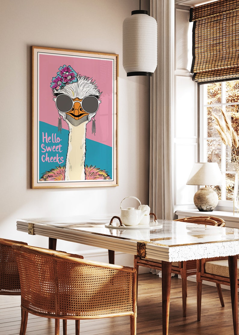 Hello Sweet Cheeks Ostrich Poster, Funny Comedy Animal Art Print, Gift