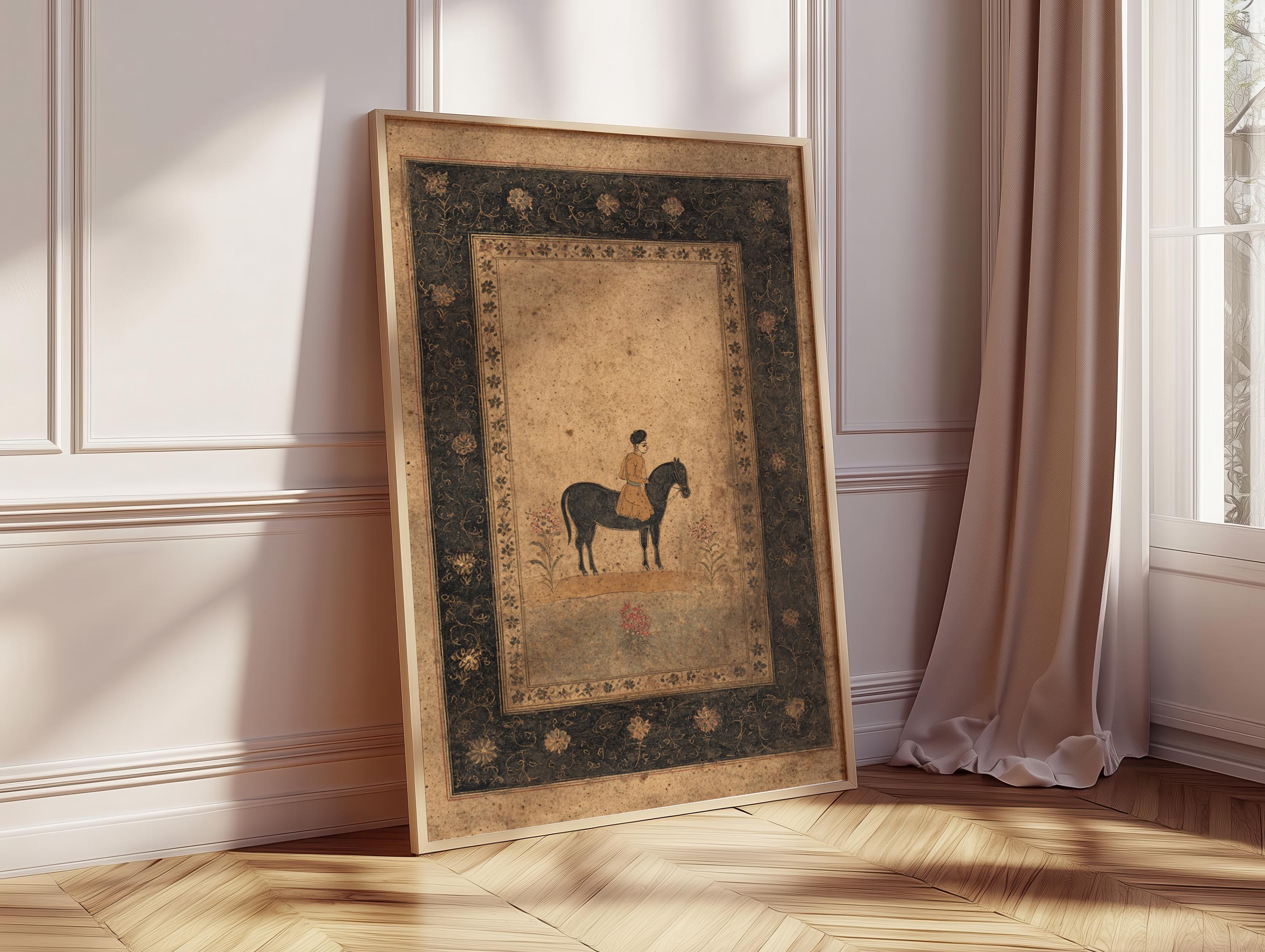 Indian Miniature Horse Rider Art Print, Mughal Heritage Wall Art 