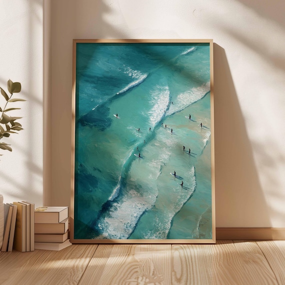 Surfing Poster, Retro Surf Print, Beachy Wall Art, Blue Wall Art, Summer Ocean Print, Dopamine Decor, Beach Painting Poster, Coastal Decor
