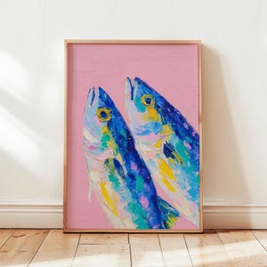 Decorazione murale con pesce azzurro, poster nautico per cucina, stampa di pesci costieri, decorazione marina scandinava, opera d'arte con linoleografia blu intenso.