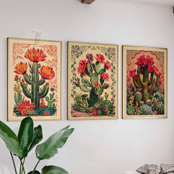 Set of 3 Mexican Posters, Mexican Cactus Wall Art,  Botanical Prints, Cactus Art, Floral Wall Art, Traditional Mexican Art, Mexican Gift
