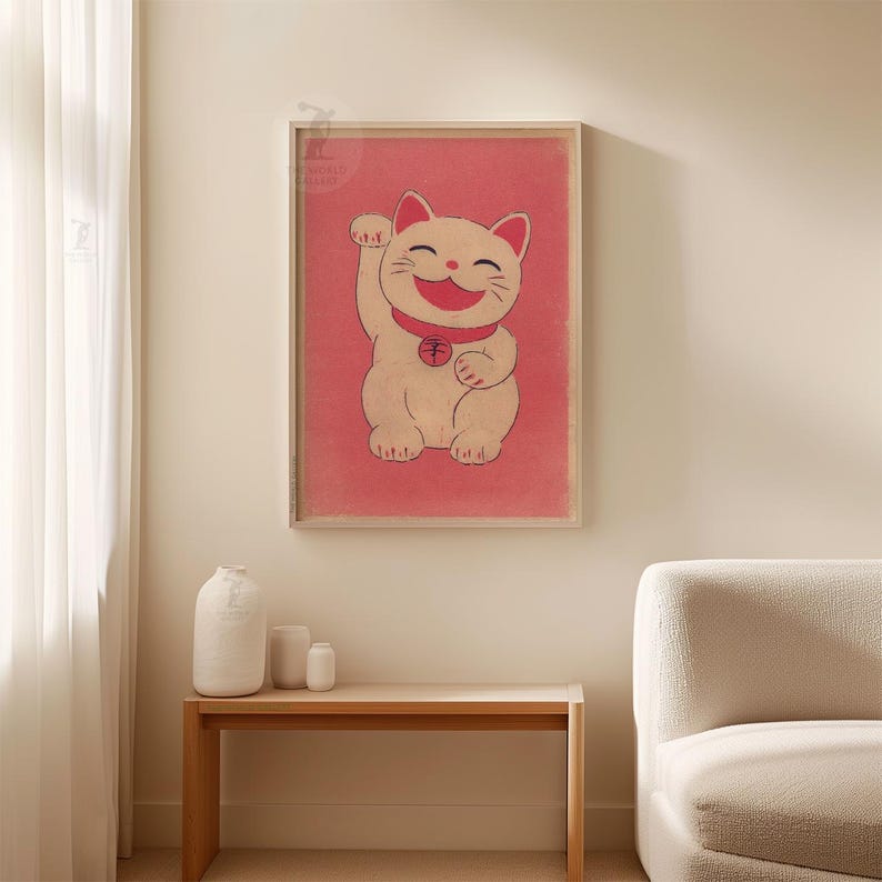Lucky Cat Poster | Maneki Neko Minimal Art | Japanese Good Luck Wall ...