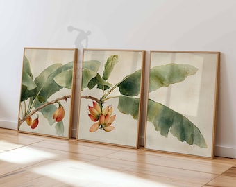Set di 3 stampe di foglie di banano, decorazioni murali botaniche tropicali