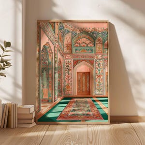 May include: A framed print of an ornate interior with detailed floral and geometric patterns in shades of pink, teal, and red. A long, patterned rug lies on a green floor, leading to a wooden door. The artwork is set in a wooden frame.