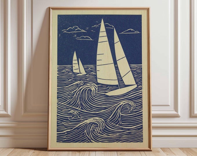 Sailboat Linocut Wall Art | Nautical Ocean Print | Vintage Maritime Poster | Coastal Beach House Decor | Sailing Artwork