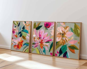 Juego de 3 impresiones de arte mural floral abstracto, pósteres florales modernos y coloridos, decoración botánica brillante para el hogar, arte contemporáneo.