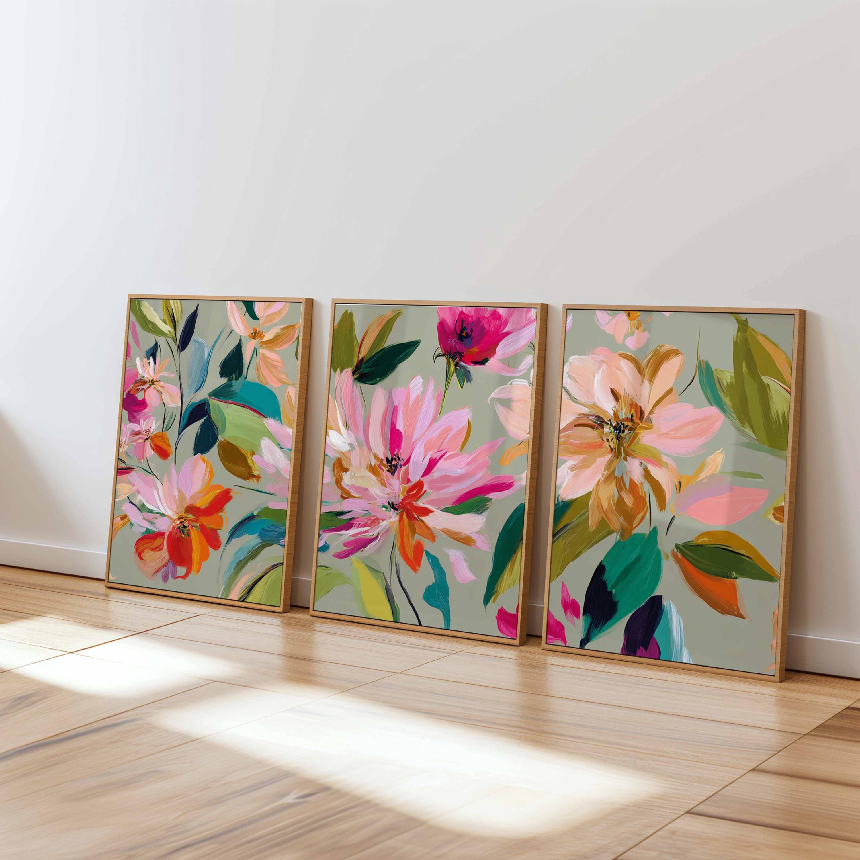 Abstract Floral Wall Art Set of 3, Colorful Modern Flower Poster