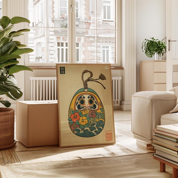 Japanese Daruma Omamori Poster, Vintage Floral Wave Illustration