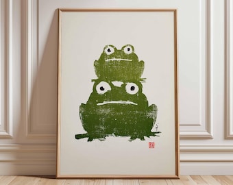 Japanese Frog Poster, Minimalist Woodblock Print, Asian Home Decor