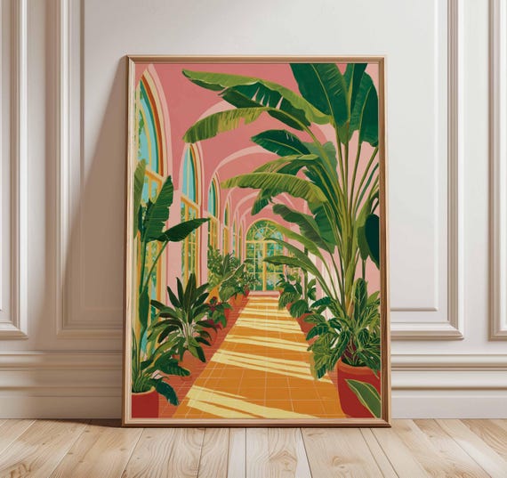 Tropical Greenhouse Wall Art Print, Botanical Garden Poster, Palm Leaf Illustration, Vibrant Nature Artwork, Plant Lover Home Decor