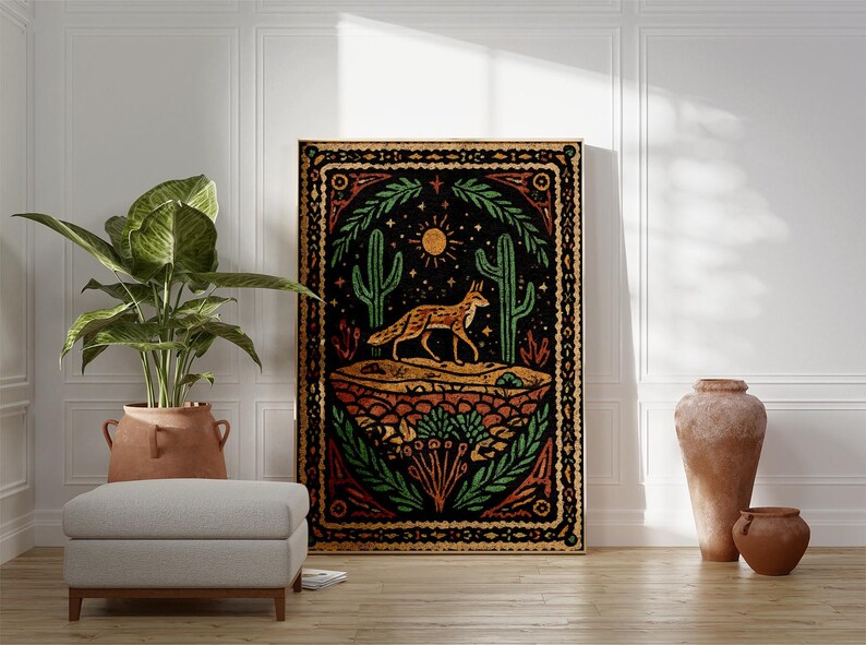 May include: A framed art print featuring a desert scene with a fox, cacti, and sun. The artwork has a black background with green, orange, and yellow accents. The print is displayed in a room with a plant, ottoman, and decorative vases.