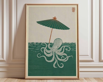 Octopus Poster, Japanese Minimalist Wall Art, Ocean Sea Life Print, Coastal Nautical Decor, Vintage Marine Artwork, Beach House Illustration