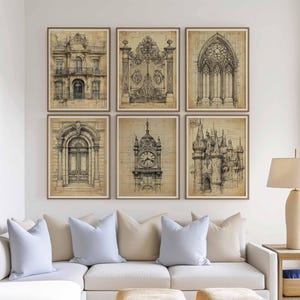 Lot de 6 gravures architecturales vintage, plans de bâtiments anciens, croquis d'architecture, oeuvre d'art murale château et tour de l'horloge, affiches classiques